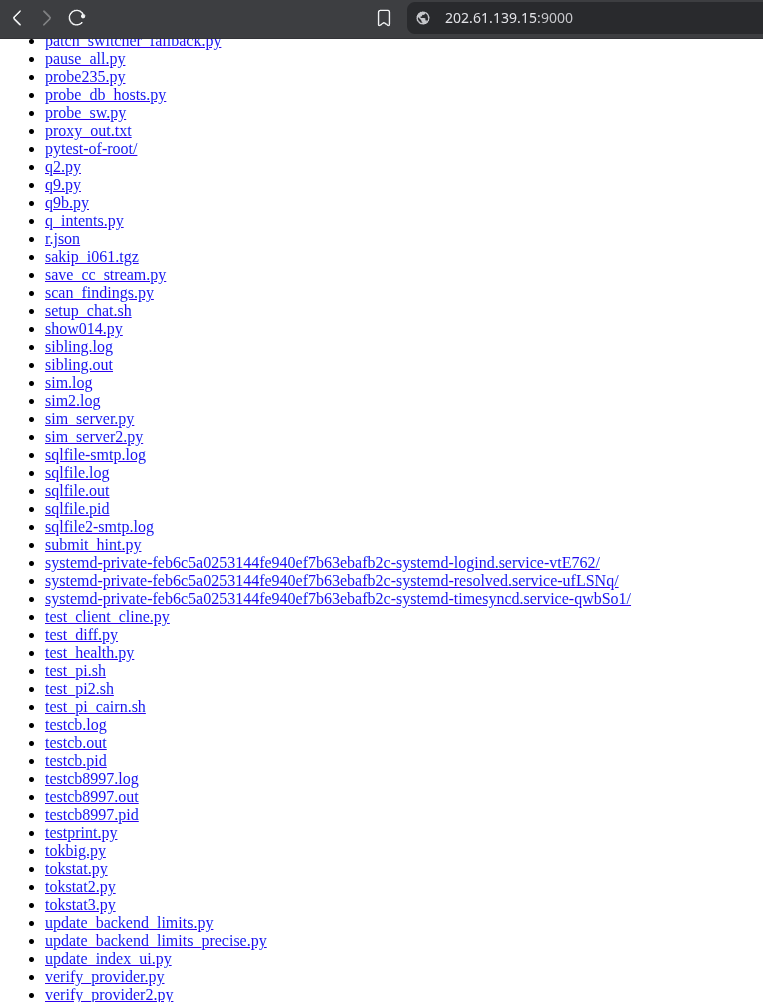 The exposed /tmp directory listing served over HTTP on port 9000, no authentication