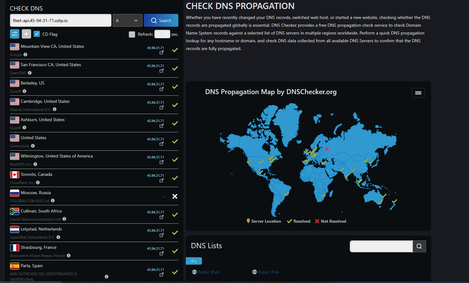 DNS propagation check for fleet-api.45-94-31-71.sslip.io resolving to 45.94.31.71 across resolvers worldwide