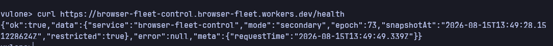 curl request to the Cloudflare Worker fallback returning epoch 73, mode secondary, with a snapshotAt timestamp of 2026-08-15T13:49:28Z