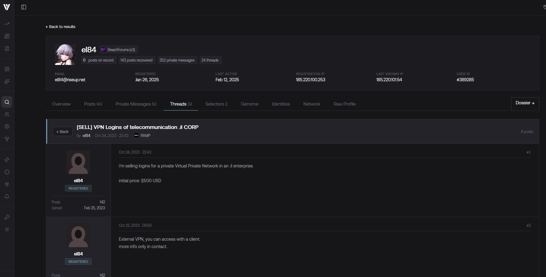 The el84 profile inside VULONE, showing 143 recovered posts, 252 private messages, a riseup.net email, and the SELL thread for the .il telecom VPN.