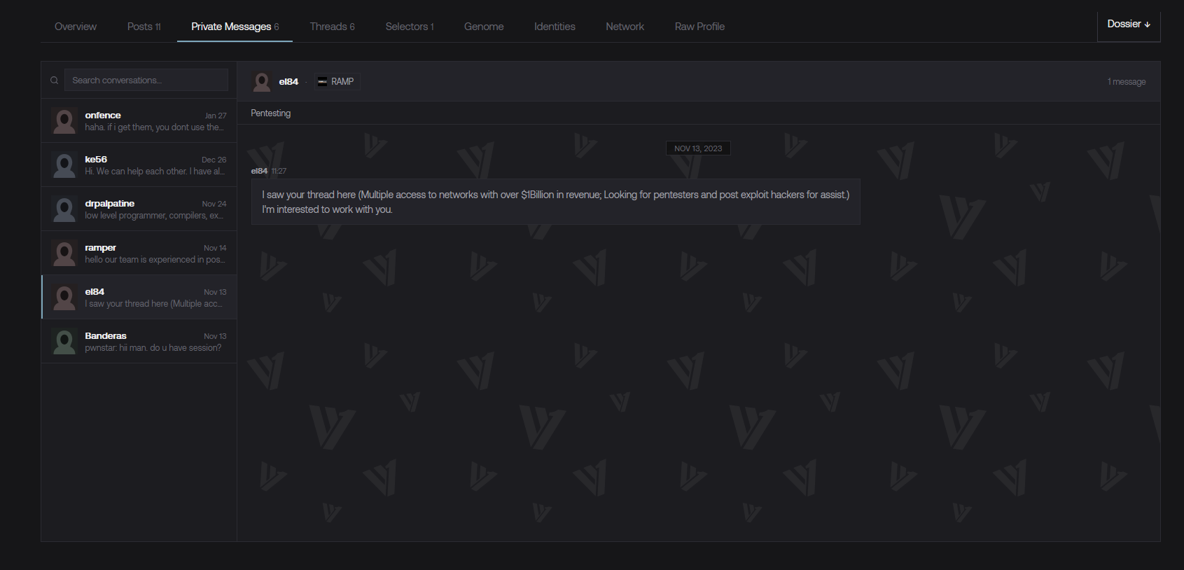 A VULONE view connecting the el84 and pwnstar profiles, showing one broker reaching into another's recruitment thread.
