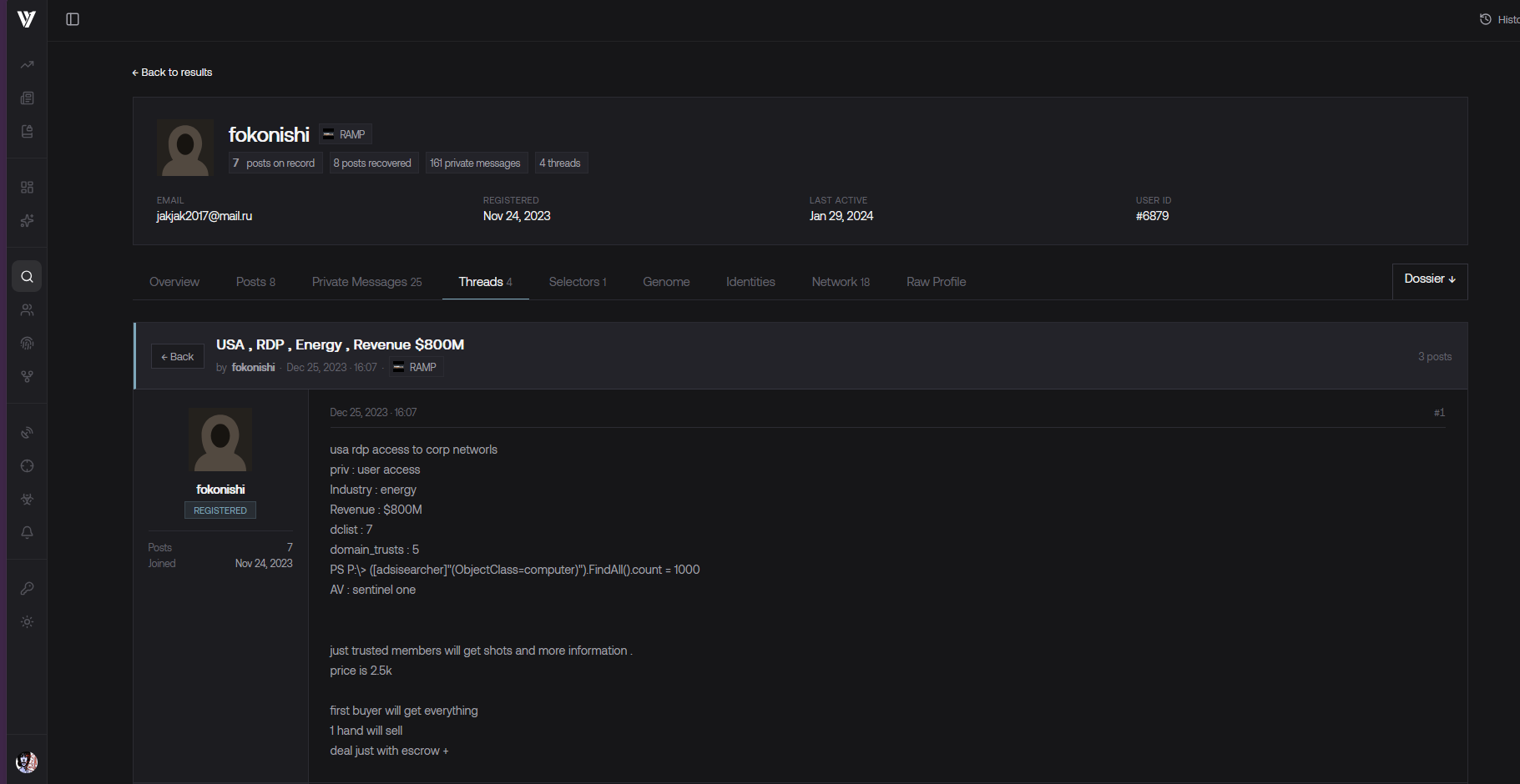 The fokonishi profile, showing the USA RDP Energy $800M listing with domain controller counts, trusts, and a $2,500 price for trusted buyers.