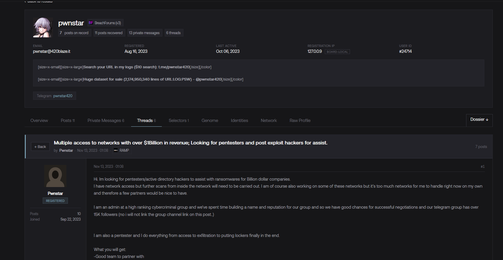 The pwnstar profile, advertising access to billion-dollar networks and recruiting pentesters, with a Telegram handle and a stealer-log dataset for sale.