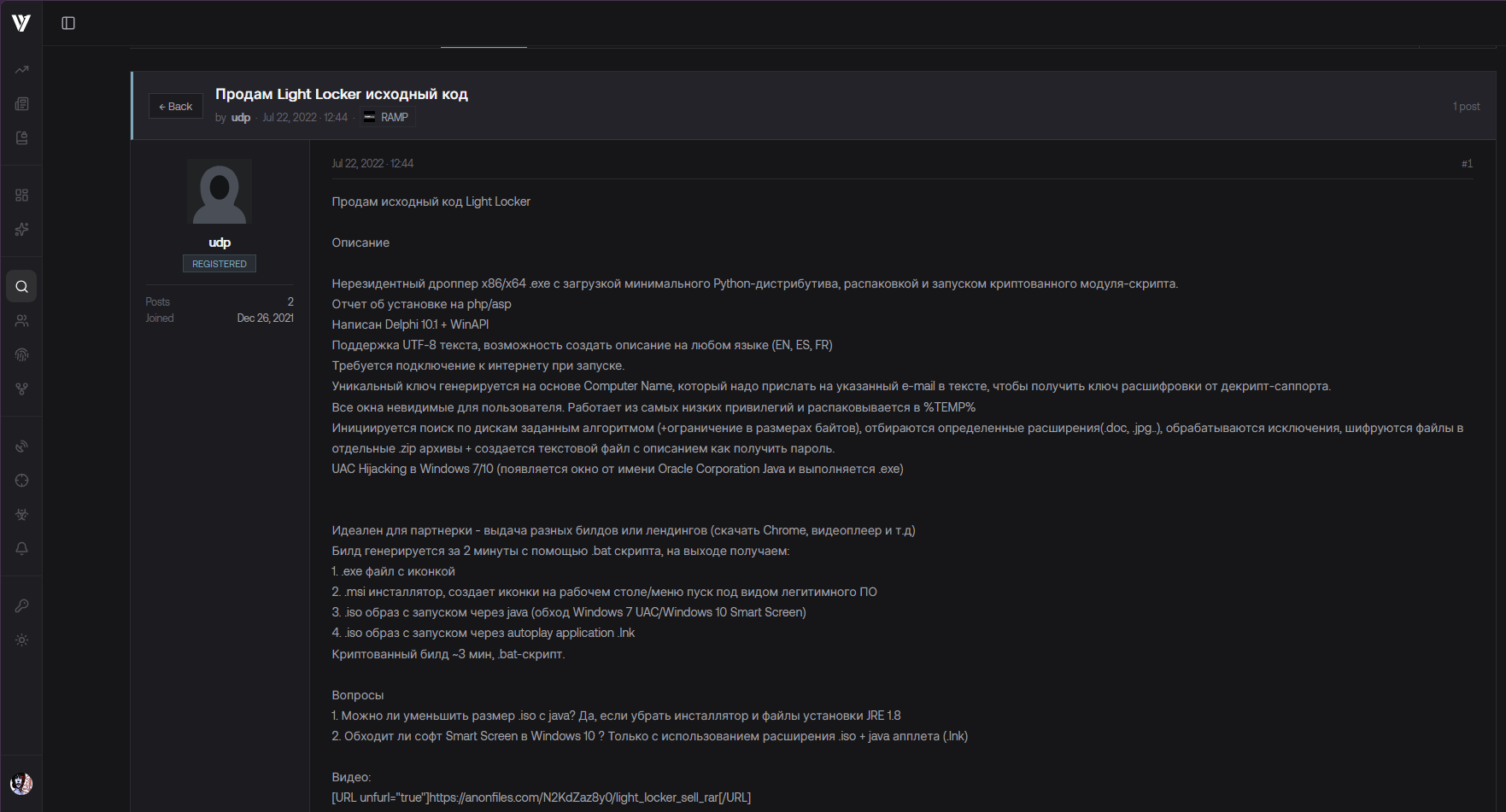 The udp profile, advertising the source code of a ransomware locker called Light Locker, written in Delphi with multi-language support.
