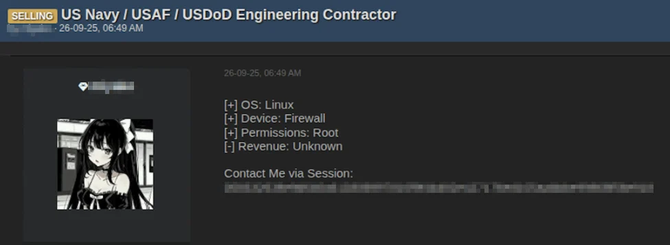 Underground forum listing by an Initial Access Broker selling root access to a US defence contractor firewall