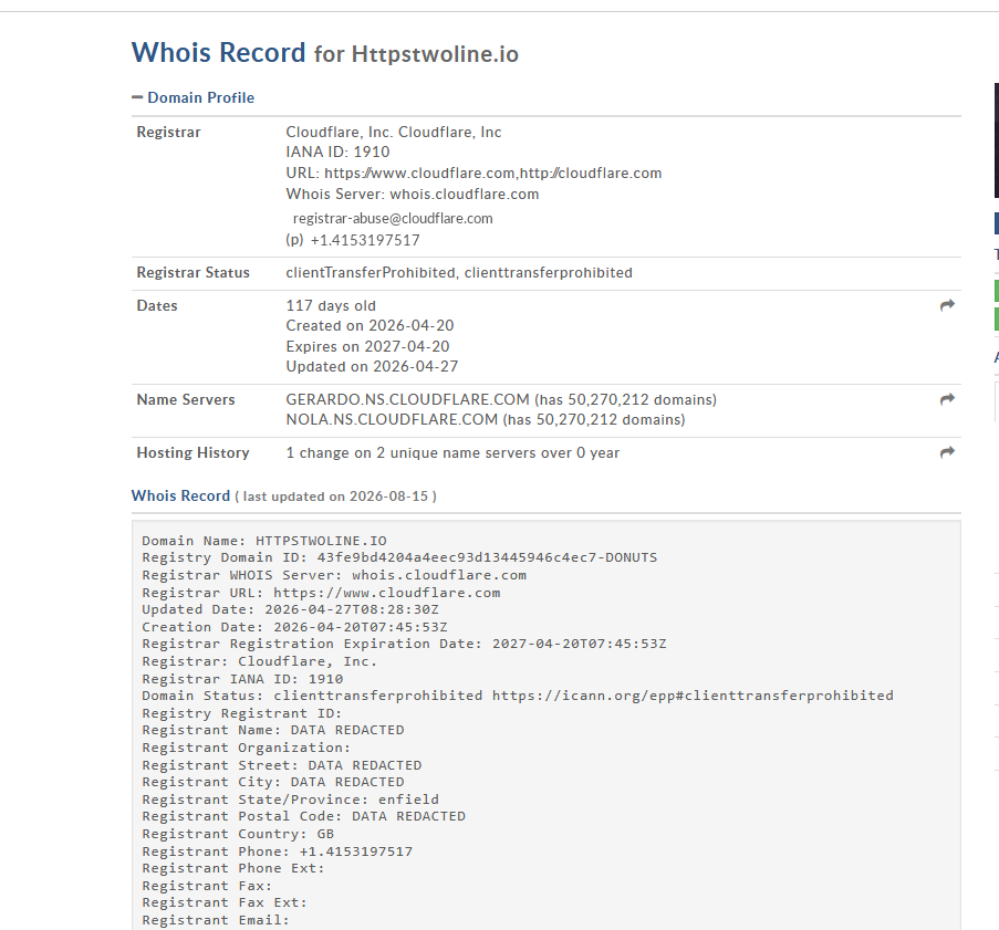 WHOIS record for httpstwoline.io showing creation date 2026-04-20, Cloudflare registrar, redacted registrant, Cloudflare nameservers